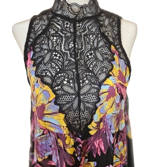 Free People Slip tunic mini‎ Dress Size XS Floral Spring Summer knit black pink - Picture 8 of 11